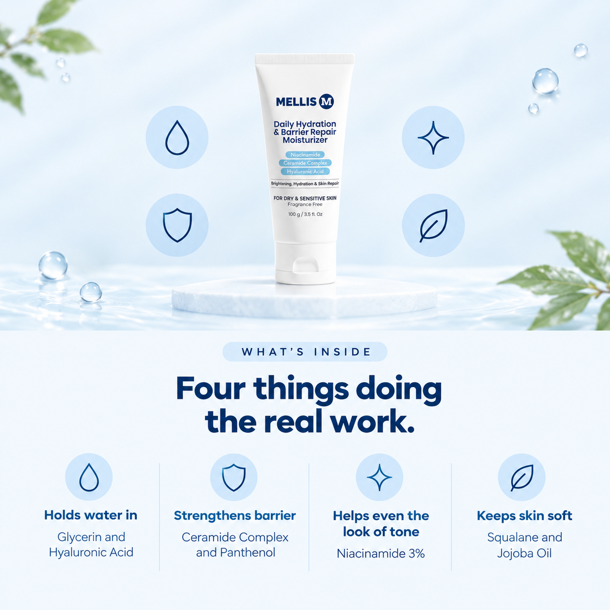 Mellis N Daily Hydration & Repair Balm tube centered on a light blue water-themed background with floating droplets and leaves. Below the product, text reads 'What's Inside' and lists four benefits with icons.