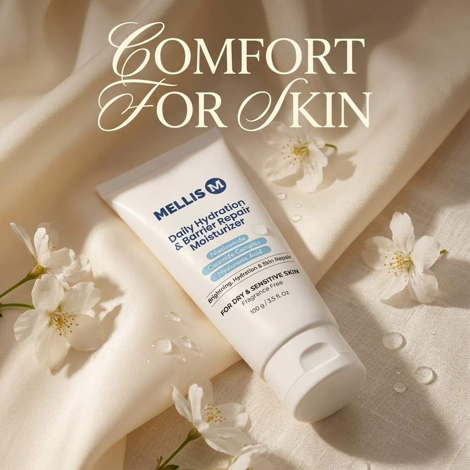 Mellis M Daily Hydration Barrier Repair Moisturizer with flowers on a soft fabric background