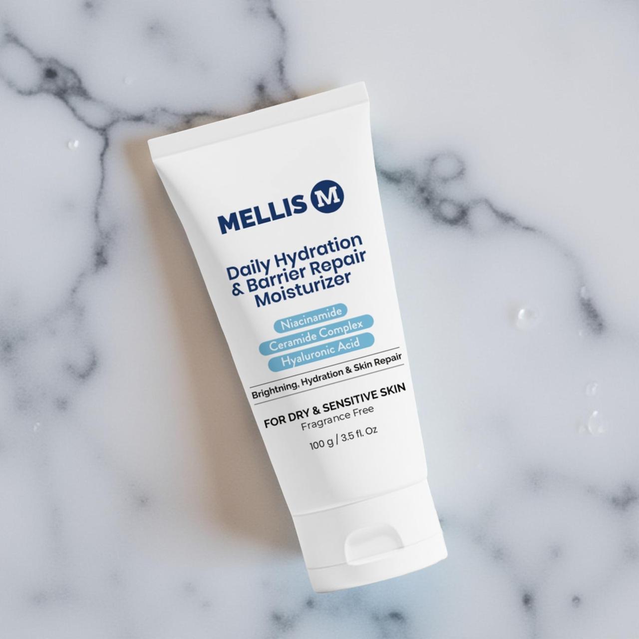 Mellis Daily Hydration & Barrier Repair Moisturizer tube on a marble background