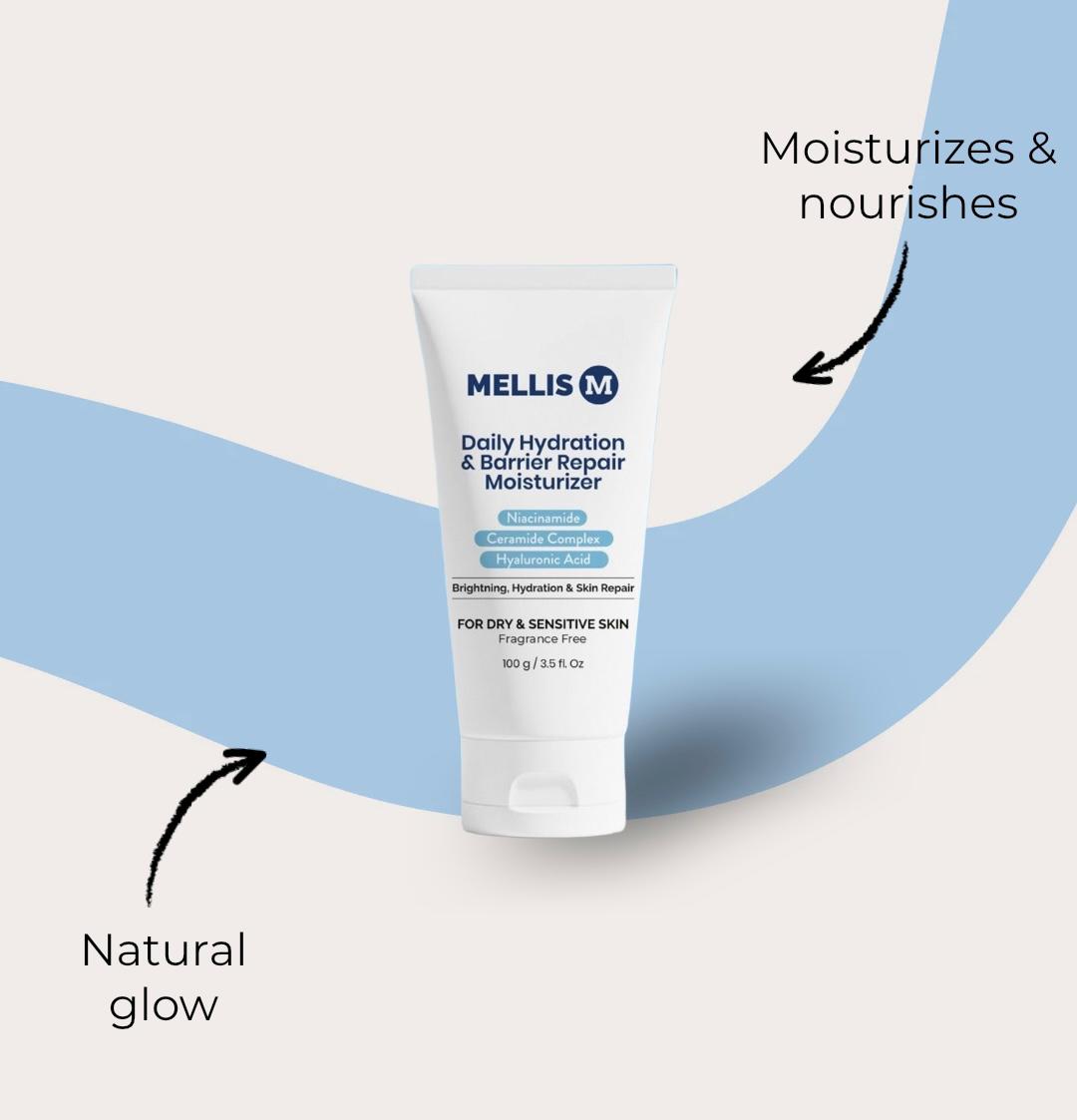 Mellis M Daily Hydration Barrier Repair Moisturizer tube on a light gray and blue background