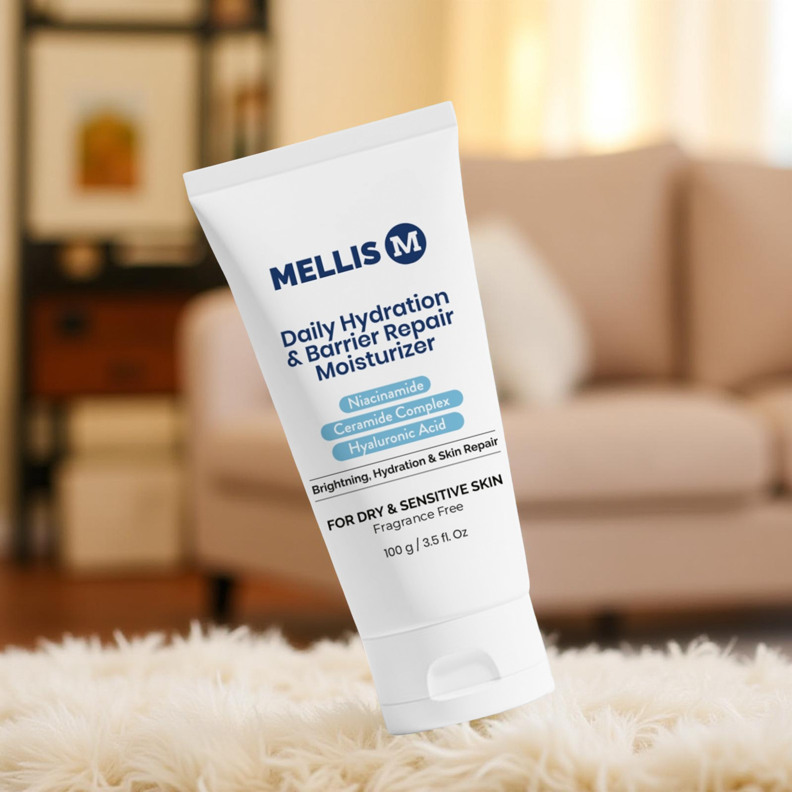 Mellis Daily Hydration Barrier Moisturizer tube on a carpeted floor with a blurred living room background