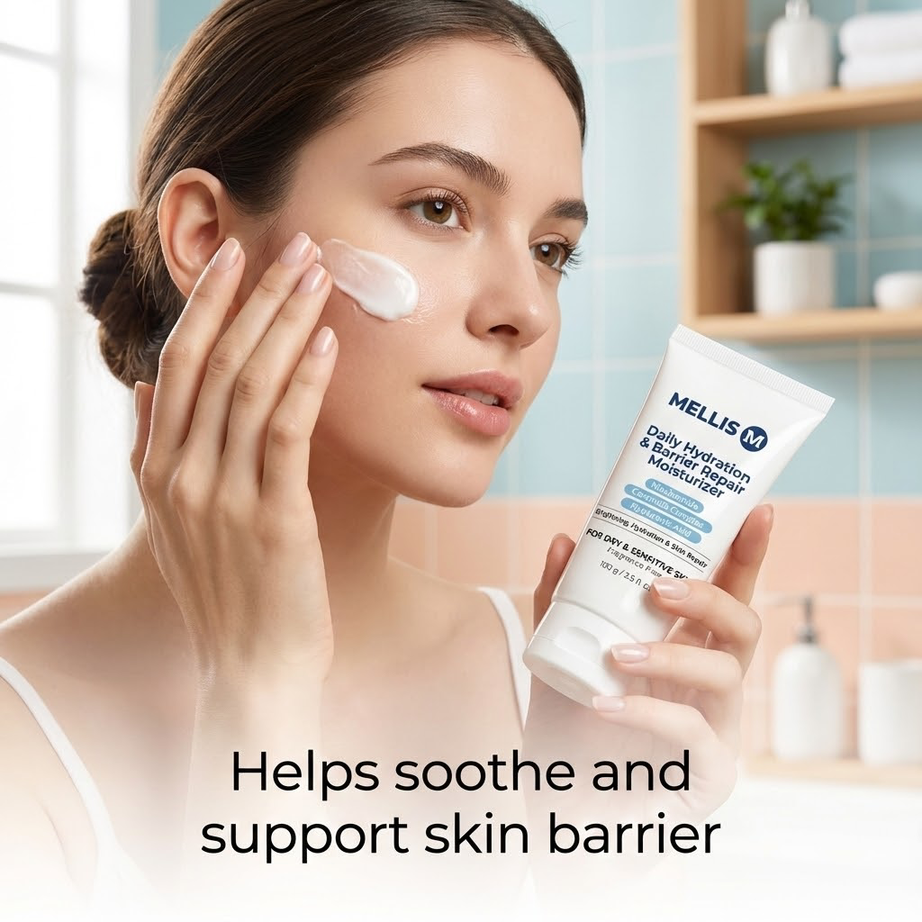 Woman applying cream to her face with a container of Mellis - Daily Hydration & Repair Cream in the foreground.