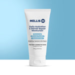 Mellis Daily Hydration & Barrier Repair Moisturizer tube on a light blue background