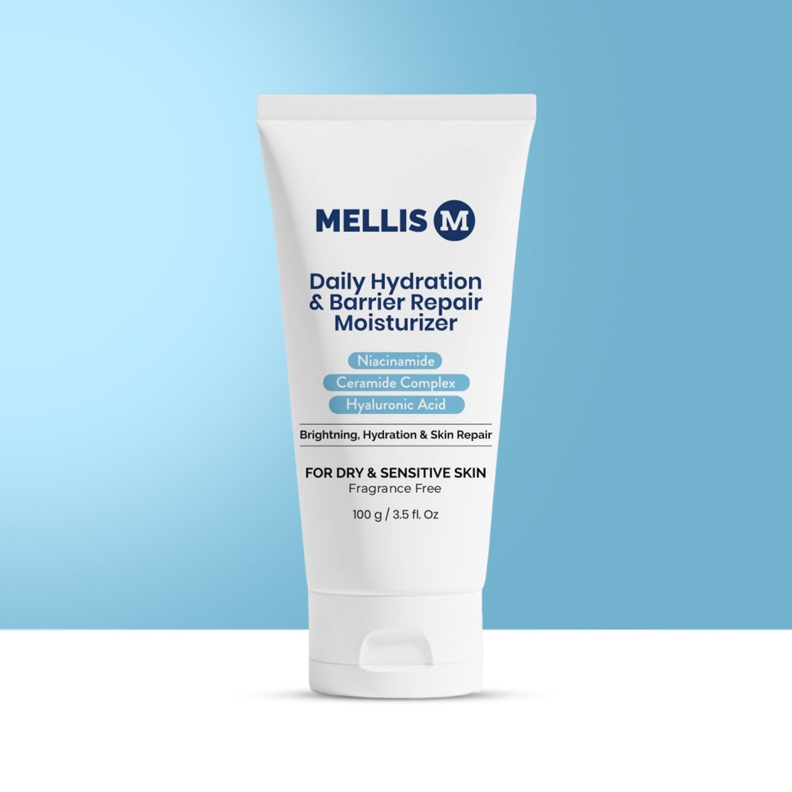 Mellis Daily Hydration & Barrier Repair Moisturizer tube on a light blue background