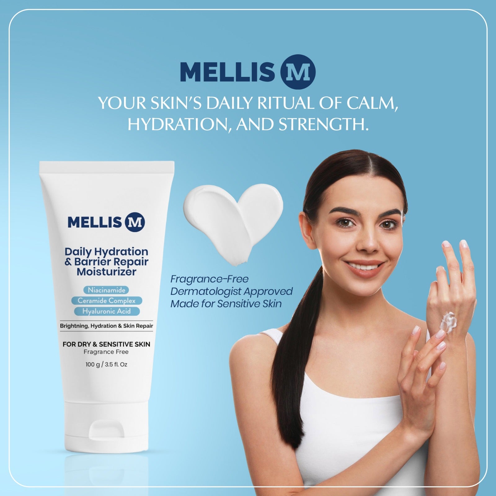 Mellis Daily Hydration & Barrier Repair Moisturizer with a woman applying it on a blue background