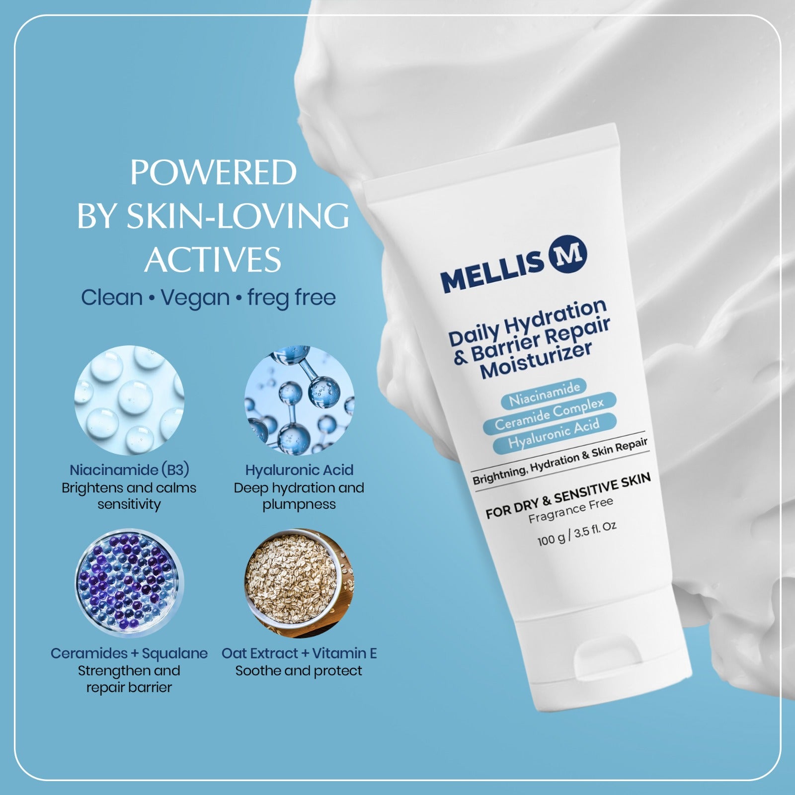Mellis Daily Hydration & Barrier Repair Moisturizer with ingredients on a blue background