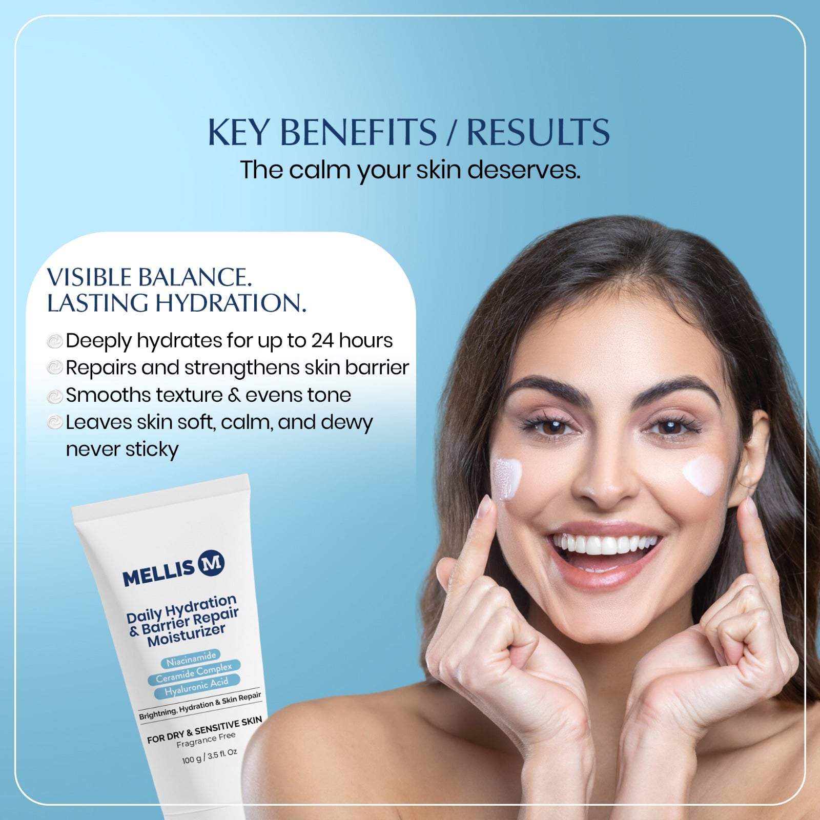 Woman applying cream with text about skin benefits on a blue background