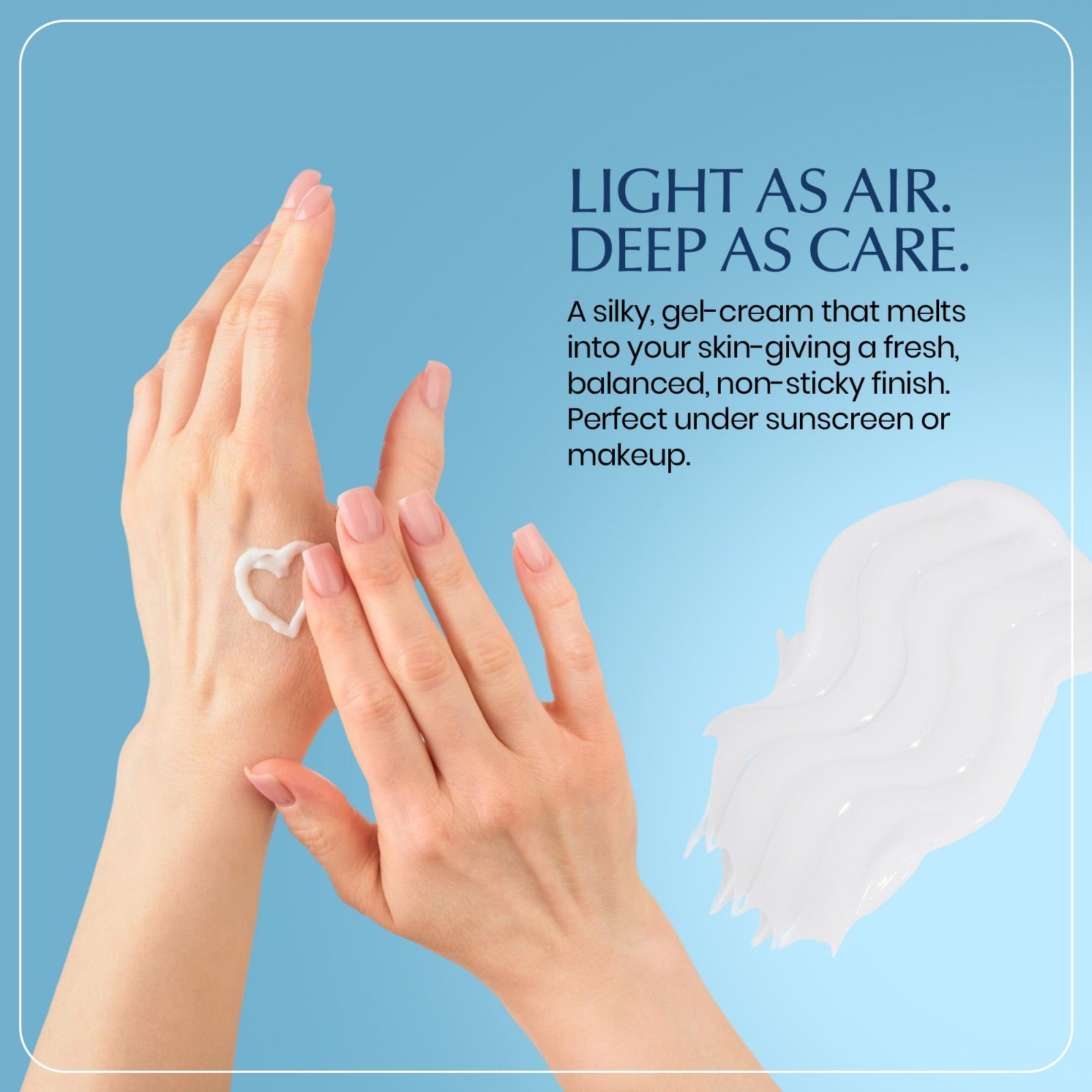 Hands applying a white cream with text on a blue background