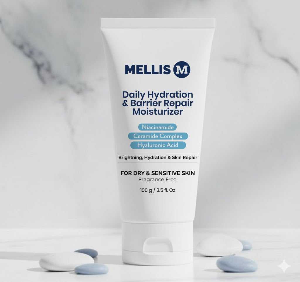 Mellis Daily Hydration & Barrier Repair Moisturizer tube on a marble background