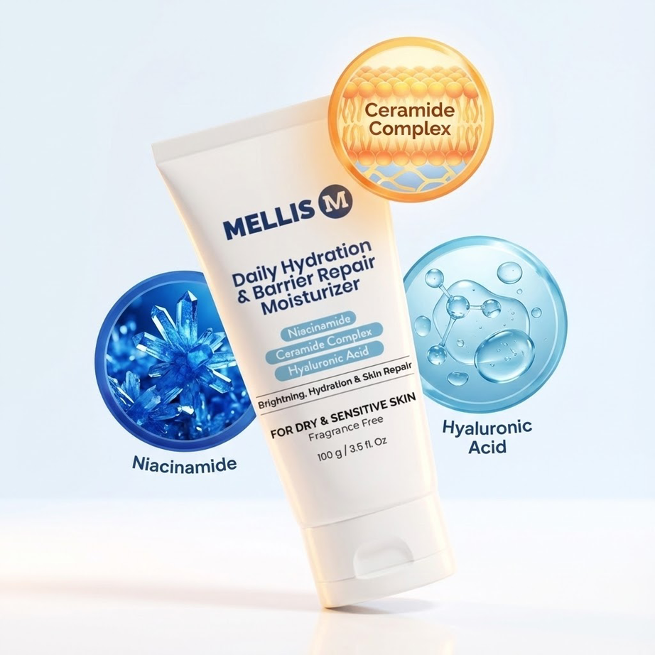 Mellis Daily Hydration Barrier Repair Moisturizer with Ceramide Complex, Niacinamide, and Hyaluronic Acid on a light blue background.